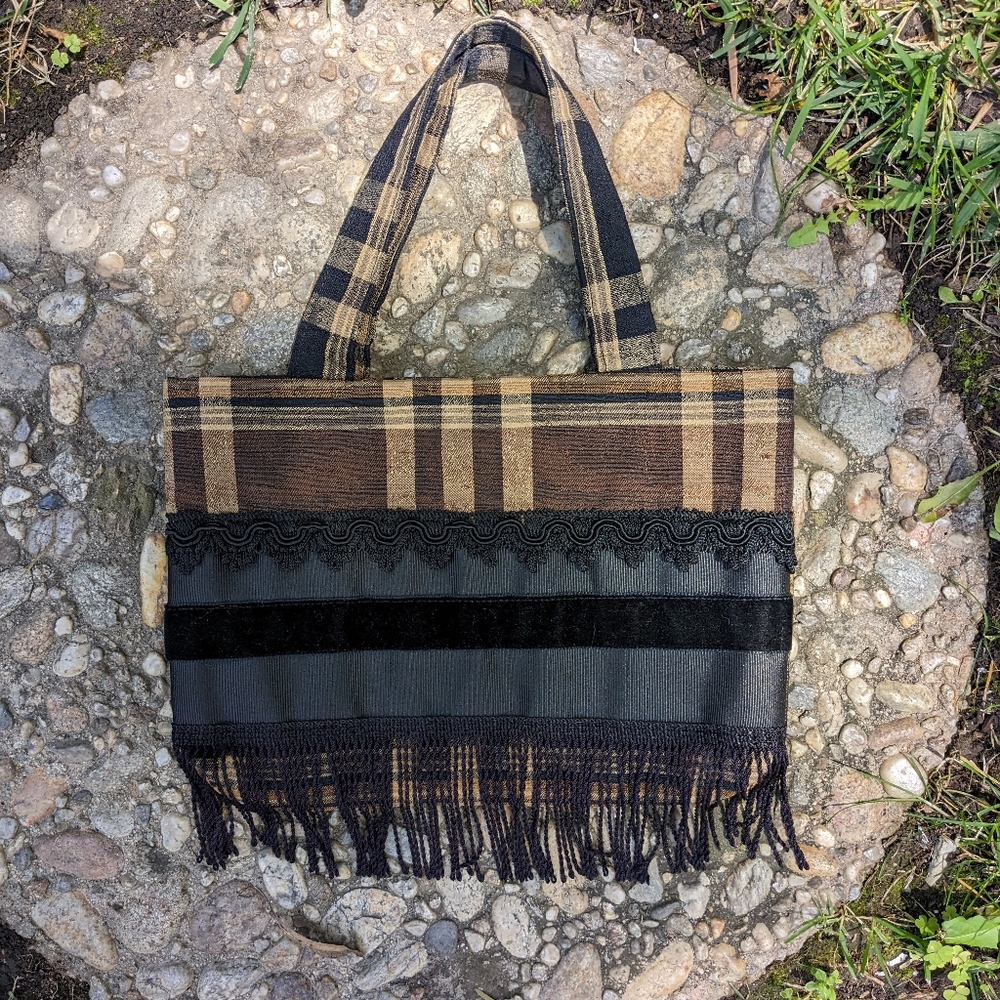 90s VTG Brown Plaid Fringe Mini Bag - Picture 8 of 11